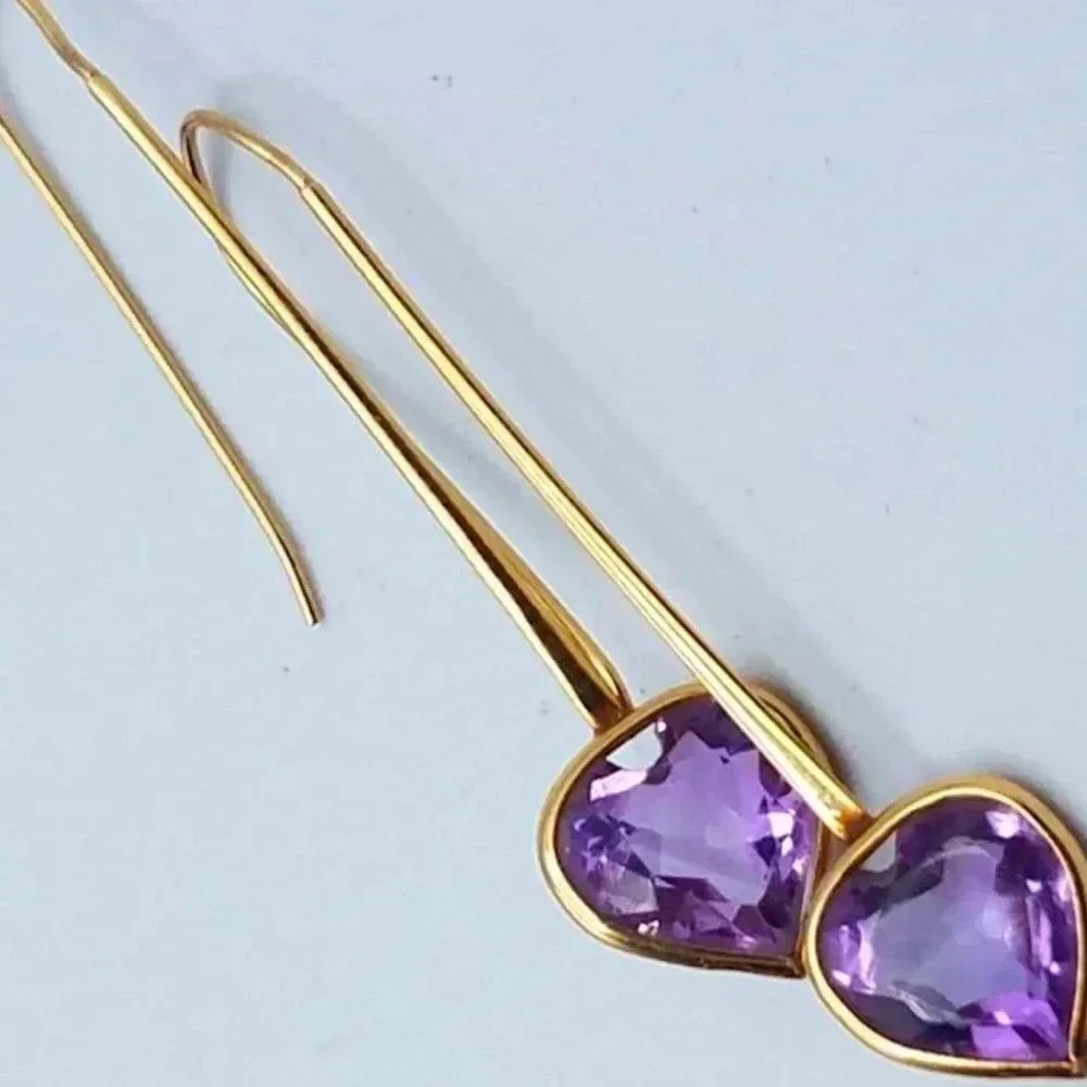 14K Gold Amethyst Heart Drop Earrings 1.5” Dangle Minimal